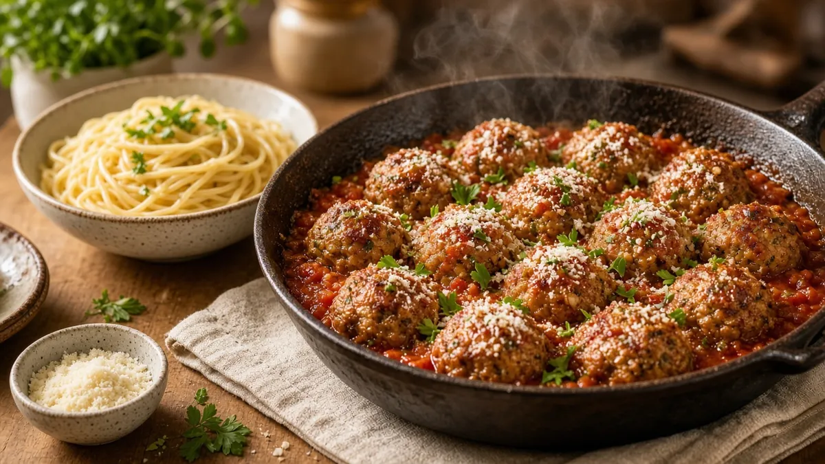 Ground chicken recipes featuring tender skillet chicken meatballs in tomato sauce with noodles and Parmesan