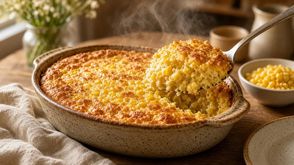 Golden homemade corn casserole recipe in a ceramic baking dish with sweet corn kernels and a tender creamy center