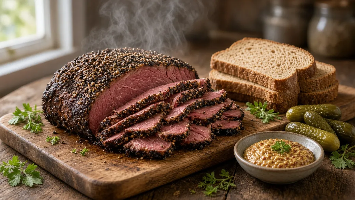 Sliced homemade pastrami brisket with rye bread, mustard, and pickles on a wooden board