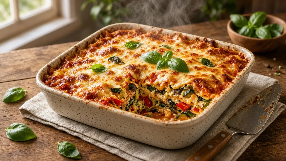 Vegetarian lasagna recipe with layered noodles, garden vegetables, creamy cheese, tomato sauce, and golden melted mozzarella in a rustic baking dish
