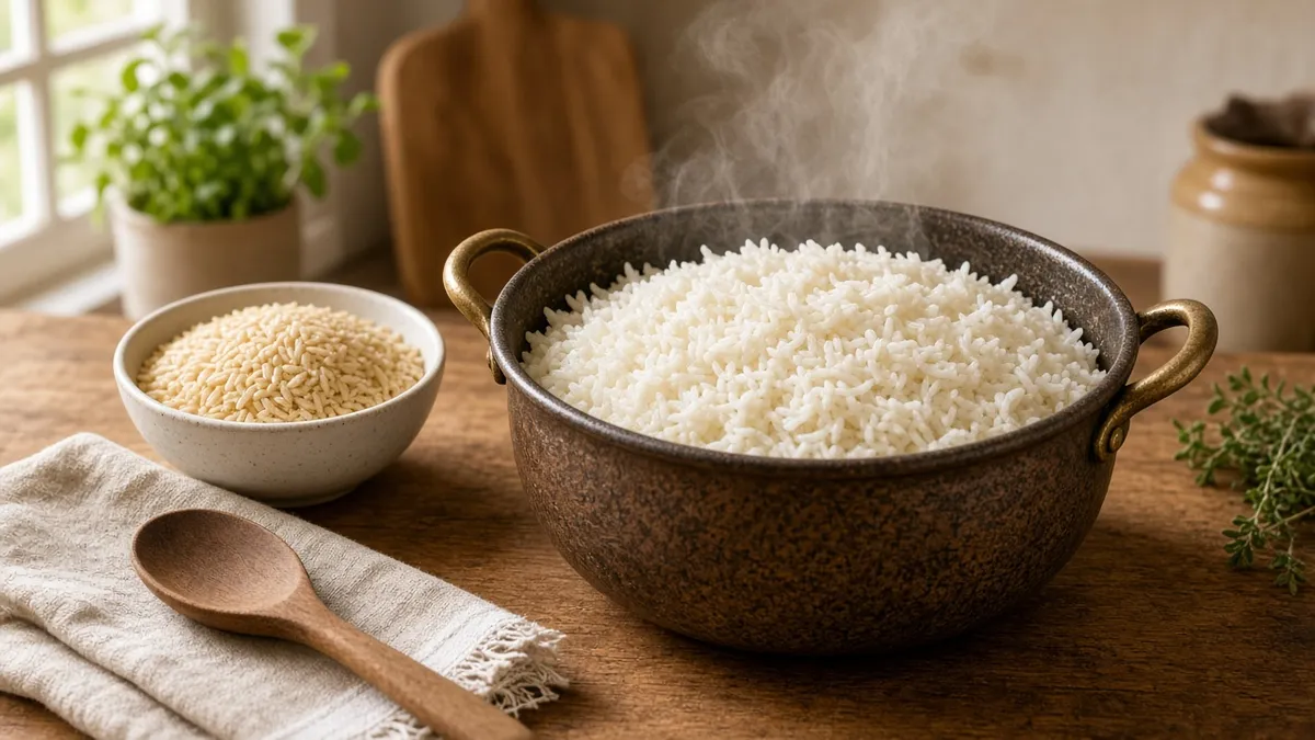 A steaming pot of fluffy rice showing how to cook basmati rice in a cozy kitchen
