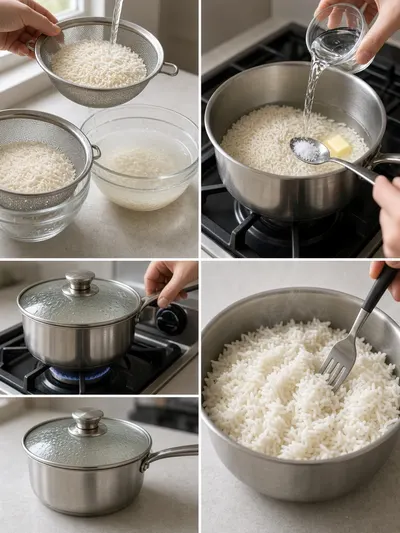 Four-panel visual guide for how to cook basmati rice, from rinsing and soaking to simmering, resting, and gently separating the grains.