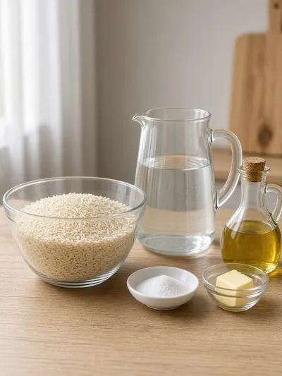 Ingredients arranged for how to cook basmati rice with uncooked rice, cold water, fine salt, butter, and olive oil