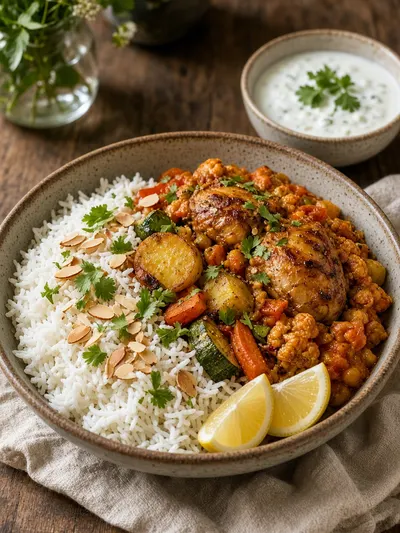 how to cook basmati rice served with vegetable curry, roasted chicken, vegetables, yogurt sauce, herbs, nuts, and lemon