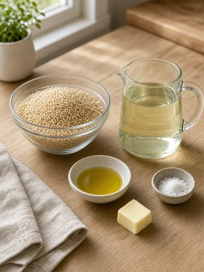 Ingredients arranged for how to cook brown rice, including long-grain brown rice, water or vegetable broth, olive oil or butter, and salt on a kitchen table.