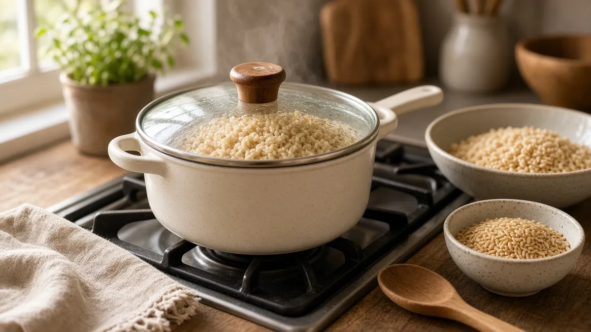 How to cook brown rice in a covered saucepan on the stovetop with a wooden spoon and serving bowl