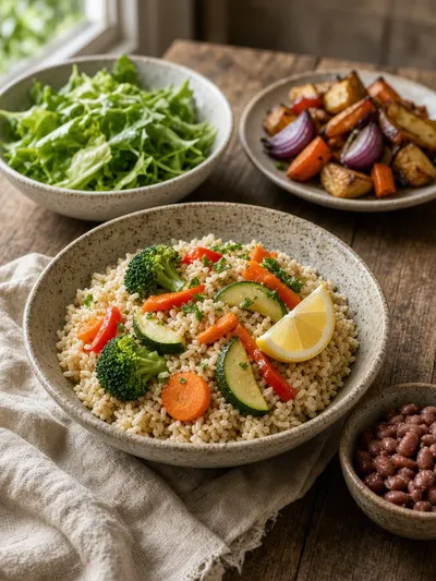 A homestyle brown rice meal with vegetables, salad, beans, and lemon arranged on a dining table for how to cook brown rice.