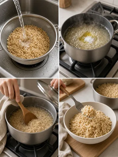 Four-panel photo guide for how to cook brown rice, from rinsing grains to simmering, resting, and fluffing.
