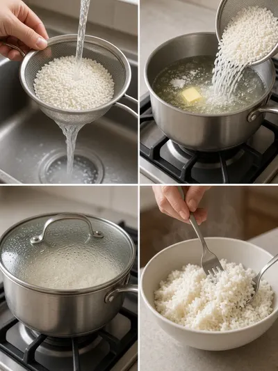 Four-panel preparation scene showing how to cook rice by rinsing grains, simmering them in a covered saucepan, and fluffing the finished dish.