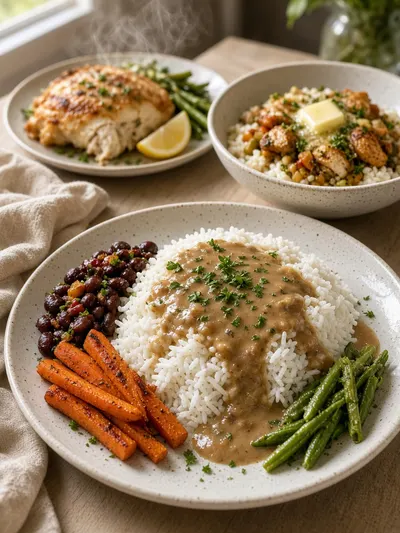 how to cook rice served with gravy, beans, roasted vegetables, herbs, and a cooked protein