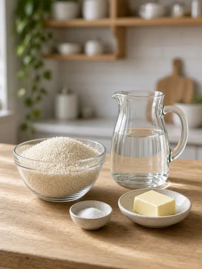 Ingredients arranged for how to cook rice on a wooden kitchen table