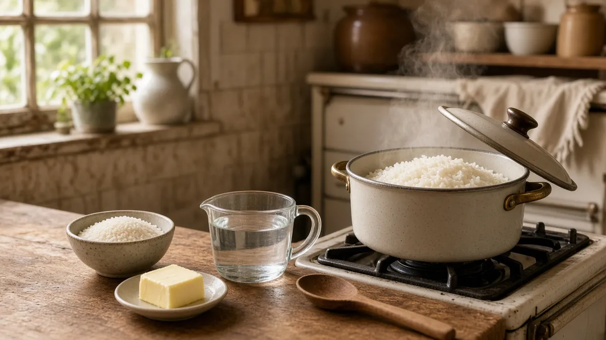 how to cook rice in a saucepan with fluffy white rice, steam, butter, and kitchen ingredients