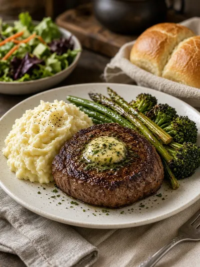 how to cook steak served with garlic butter, mashed potatoes, roasted vegetables, salad, and dinner rolls