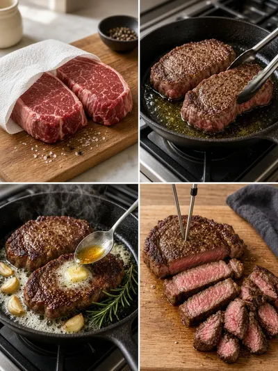 Four-panel visual guide showing how to cook steak from seasoning and pan searing to butter basting, temperature checking, resting, and slicing.
