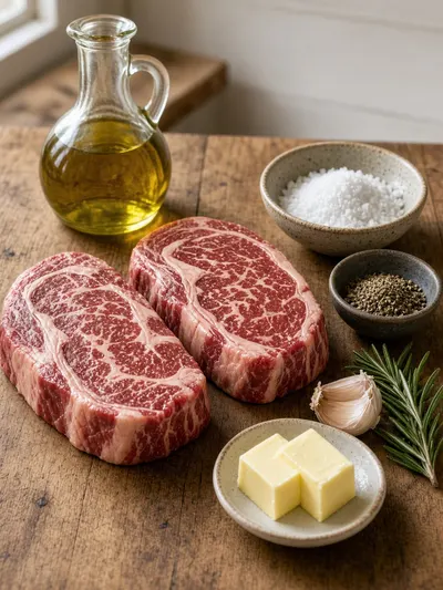 Ingredients arranged on a kitchen table for how to cook steak, including ribeye, olive oil, salt, pepper, butter, garlic, and rosemary