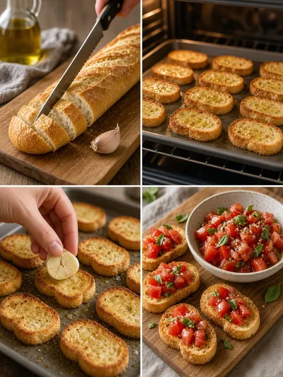 Step-by-step how to make crostini with sliced bread, garlic, tomato topping, and fresh basil.