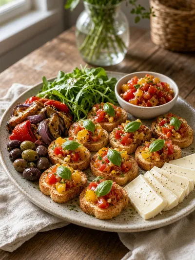 How to make crostini served as a colorful appetizer with tomato-topped bread, basil, salad, olives, and cheese