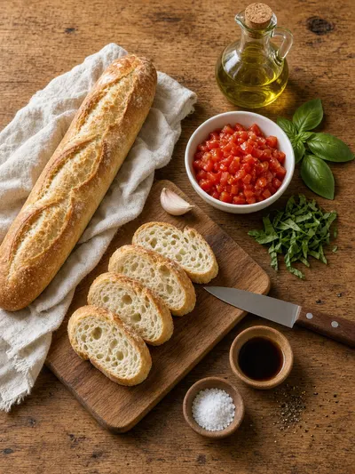 Ingredients arranged for how to make crostini with baguette, olive oil, garlic, tomatoes, basil, vinegar, salt, and pepper