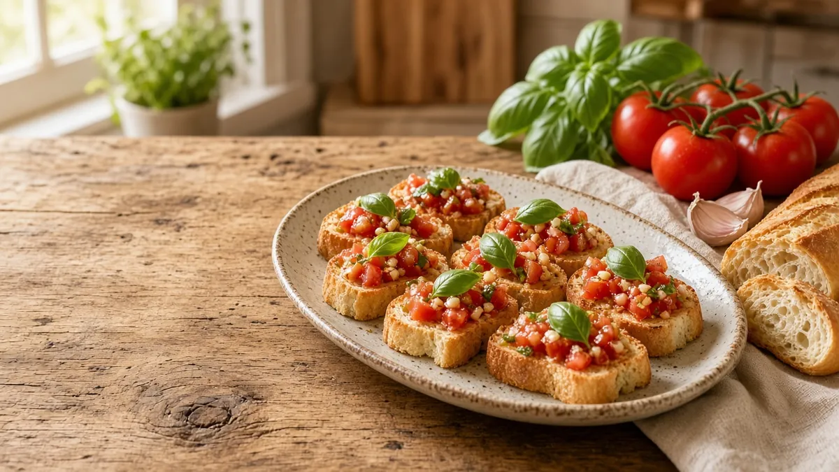 How to make crostini with golden toasted baguette slices, tomatoes, basil, and garlic on a serving platter