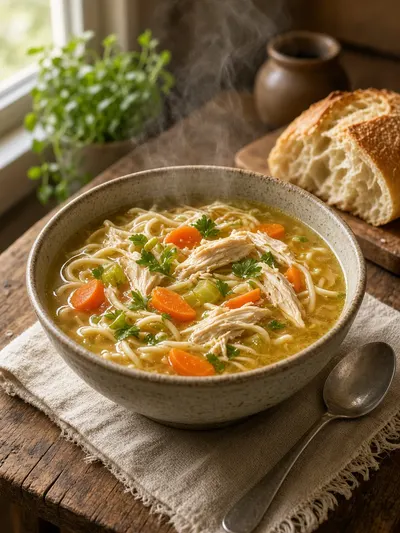 A warm bowl of chicken noodle soup demonstrates how to make soup stock for a comforting meal.
