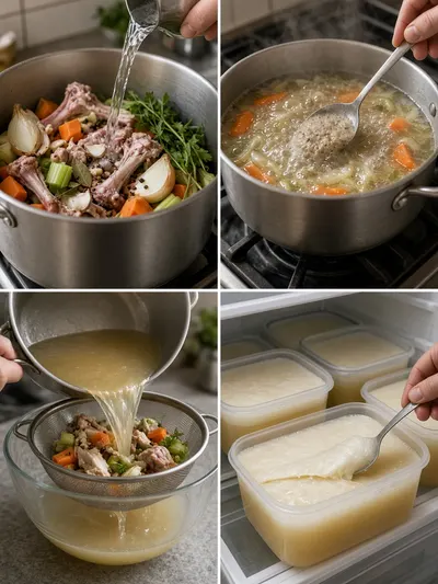 Four-panel kitchen collage showing how to make soup stock by simmering chicken bones with vegetables, straining the broth, chilling it, and removing the set fat.