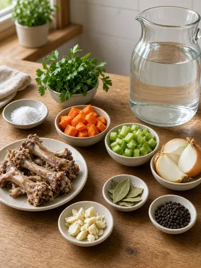 Ingredients arranged for how to make soup stock with roasted chicken bones, vegetables, herbs, water, and seasoning
