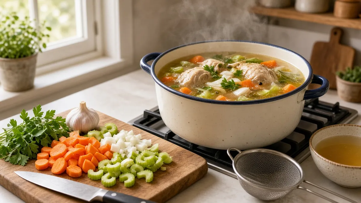 A simmering pot of chicken and vegetables illustrates how to make soup stock in a cozy home kitchen.