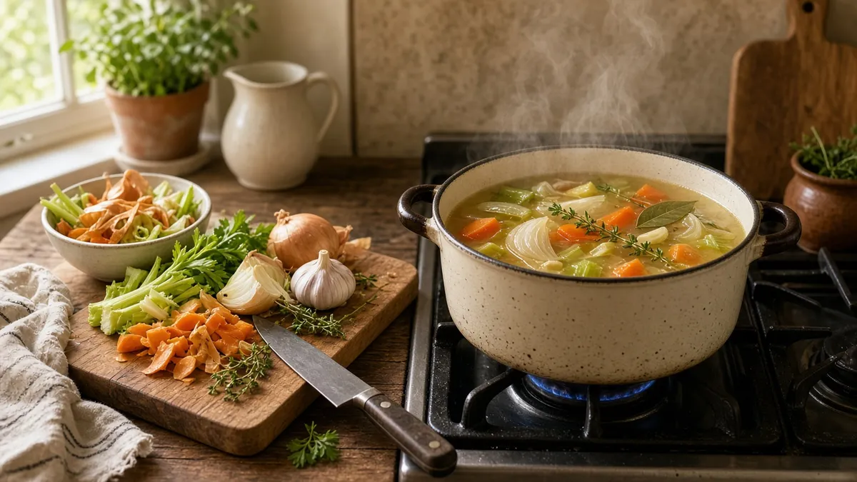 how to make vegetable stock in a pot with carrots, celery, onions, herbs, and golden broth