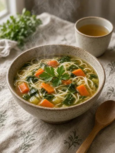 how to make vegetable stock served as a comforting bowl of vegetable noodle soup with a small cup of stock