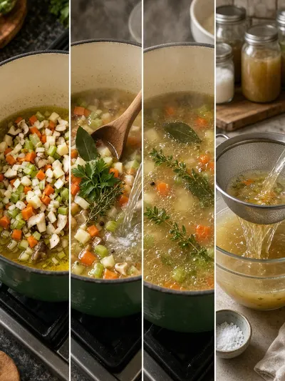 Four-panel photo guide for how to make vegetable stock, from sautéing fresh produce to simmering, straining, seasoning, and cooling the finished liquid.