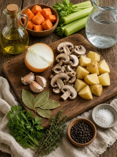 Ingredients arranged on a kitchen table for how to make vegetable stock