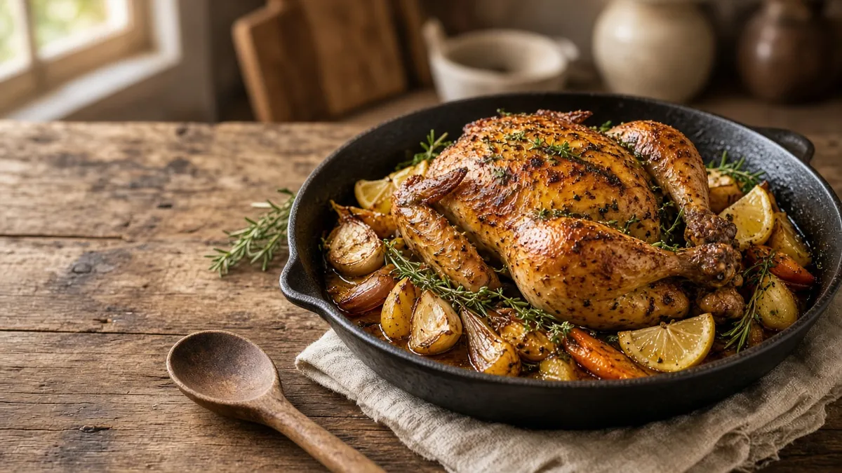 Golden herb-roasted chicken with garlic, vegetables, and pan juices illustrating how to roast a chicken