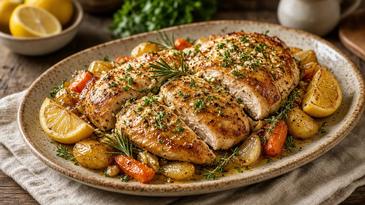 Juicy baked chicken breast with garlic, herbs, lemon, and golden savory edges