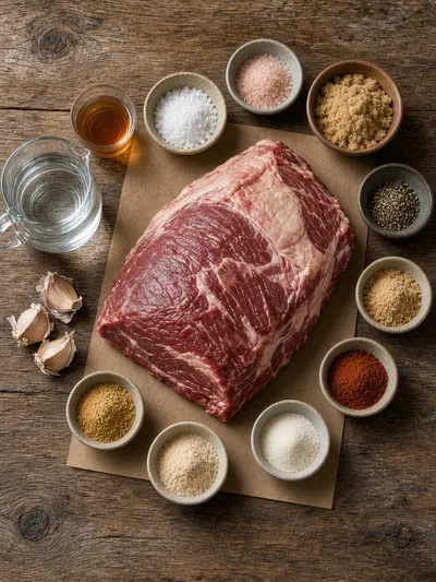 Pastrami ingredients arranged on a rustic kitchen table with beef brisket, curing salt, seasonings, water, vinegar, and garlic