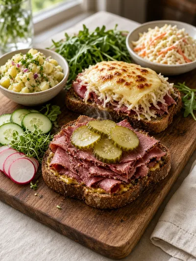 Pastrami sandwiches with Swiss cheese, sauerkraut, mustard, pickles, salad, and rye bread on a family lunch board