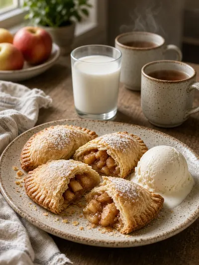 Pies and apples hand pies served with vanilla ice cream, chilled milk, and tea on a welcoming kitchen table