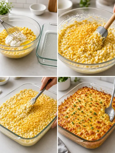 Four-panel preparation collage for a corn casserole recipe, from whisking ingredients to adding cheese, baking, and parsley garnish.