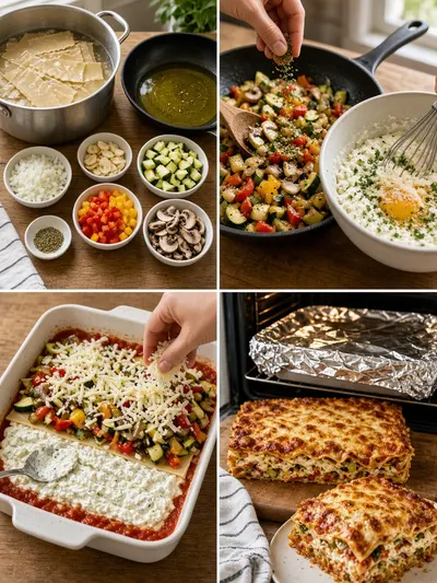 Four-panel vegetarian lasagna recipe preparation showing pasta, sautéed vegetables, cheese filling, layered assembly, baking, and slicing.