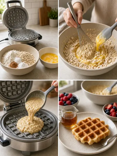 Four-panel photo guide showing wooflix batter preparation, waffle cooking, and berry serving