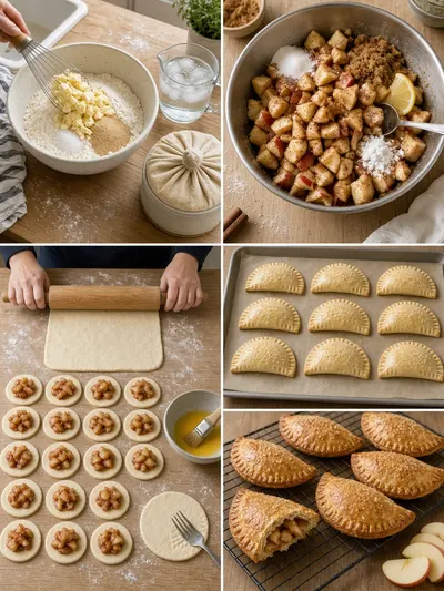 Step-by-step pies and apples preparation collage with homemade pastry, cinnamon apple filling, sealed hand pies, and golden baked results
