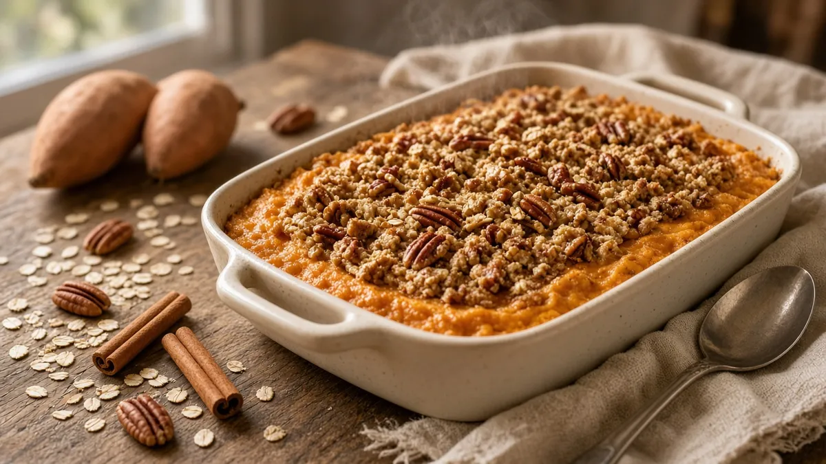 Sweet potato recipes feature Grandma's Cozy Sweet Potato Casserole with a creamy filling and golden pecan oat topping.