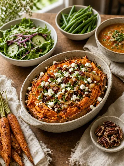 sweet potato recipes served with green salad, vegetables, soup, and toasted pecans