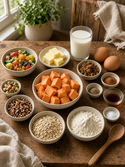 Sweet potato recipes ingredients arranged on a wooden kitchen table with pecans, oats, spices, eggs, milk, butter, and flour