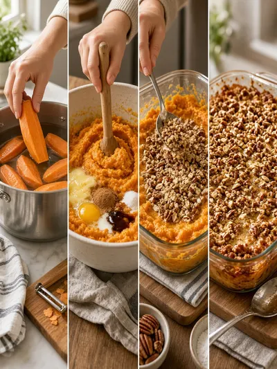 Sweet potato recipes shown in a four-panel photo collage from boiling and mashing to topping and baking a sweet potato dish.