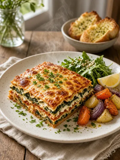 Vegetarian lasagna recipe plated with salad, garlic bread, roasted vegetables, and parsley
