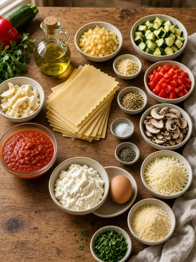 Vegetarian lasagna recipe ingredients arranged on a wooden kitchen table with pasta, vegetables, cheeses, sauce, herbs, and seasonings