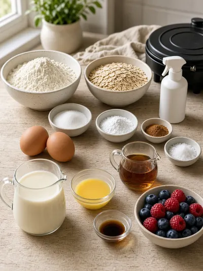 Wooflix waffle ingredients arranged in bowls with eggs, buttermilk, butter, maple syrup, and berries on a kitchen table
