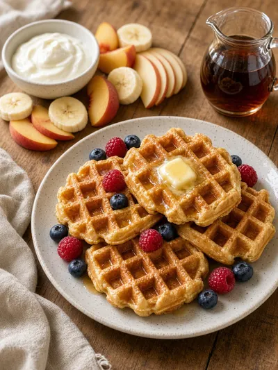 Wooflix waffles served with melting butter, maple syrup, berries, sliced fruit, and yogurt