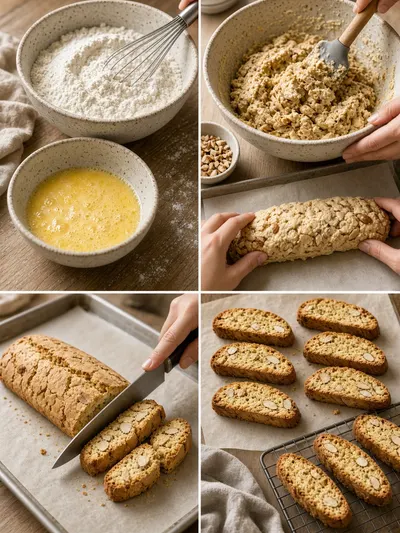 Four-panel photo showing the complete process for making almond biscotti, from mixing and shaping to slicing and twice-baking.