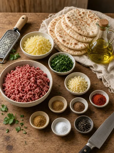 Arayes ingredients arranged on a kitchen table with beef, pita breads, herbs, spices, garlic, onion, and olive oil